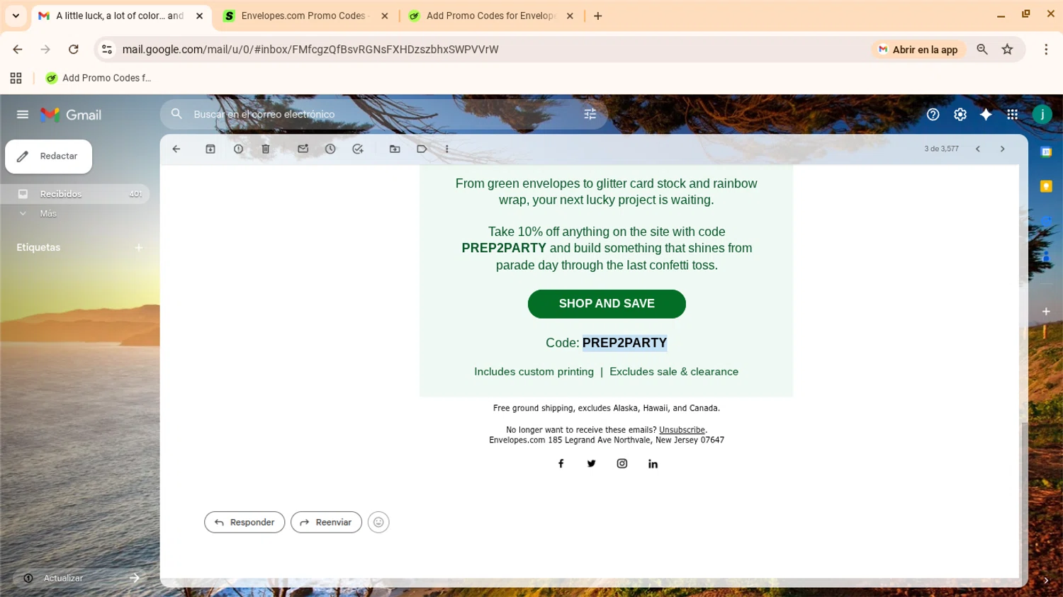 Envelopes.com promo code screenshot showing code PREP2PARTY applied at Envelopes.com checkout page. Uploaded by SimplyCodes community member yennifergonzalez on Feb 23, 2026