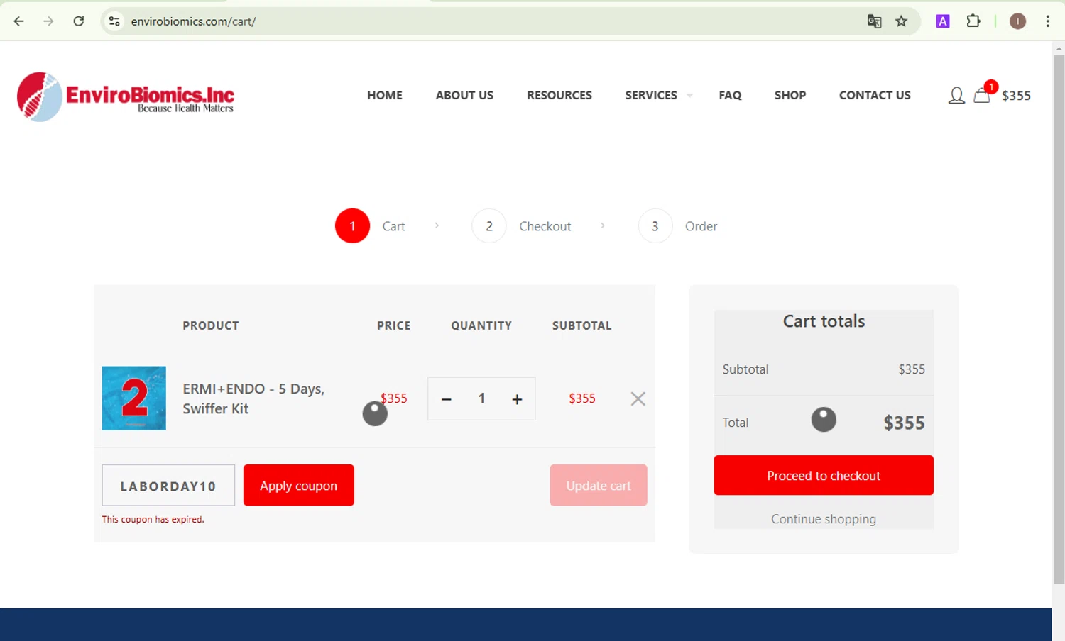 EnviroBiomics coupon code screenshot showing code LABORDAY10 applied at EnviroBiomics checkout page. Uploaded by SimplyCodes community member EpicKnight6740 on Jan 17, 2025