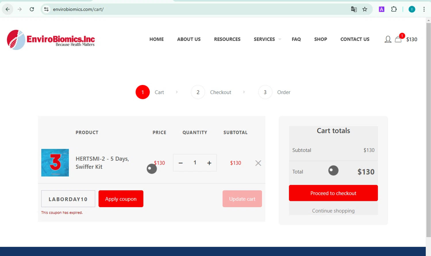 EnviroBiomics coupon code screenshot showing code LABORDAY10 applied at EnviroBiomics checkout page. Uploaded by SimplyCodes community member NobleDefender3673 on Jan 17, 2025
