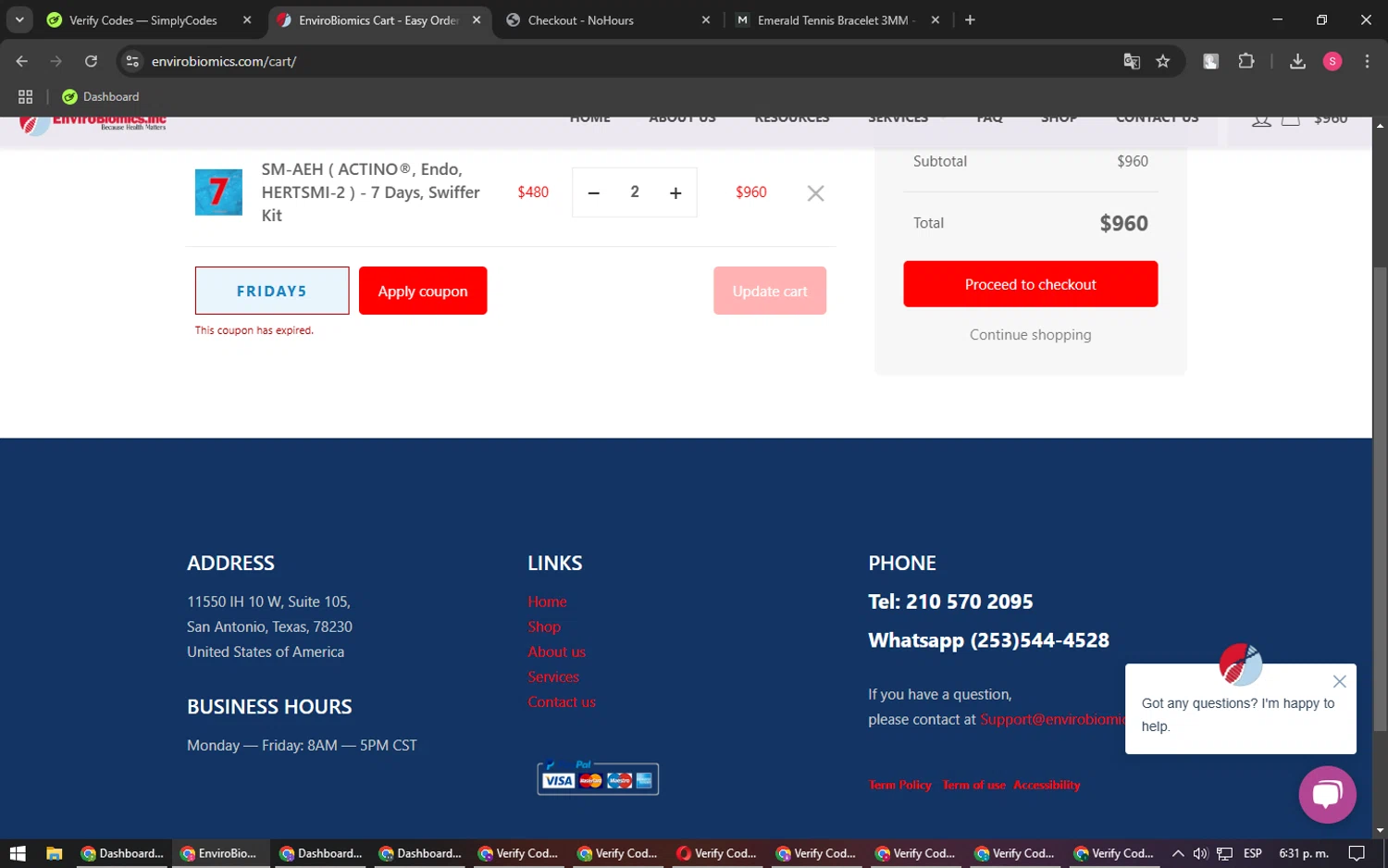 EnviroBiomics coupon code screenshot showing code FRIDAY5 applied at EnviroBiomics checkout page. Uploaded by SimplyCodes community member BargainPilot4994 on Jan 29, 2025