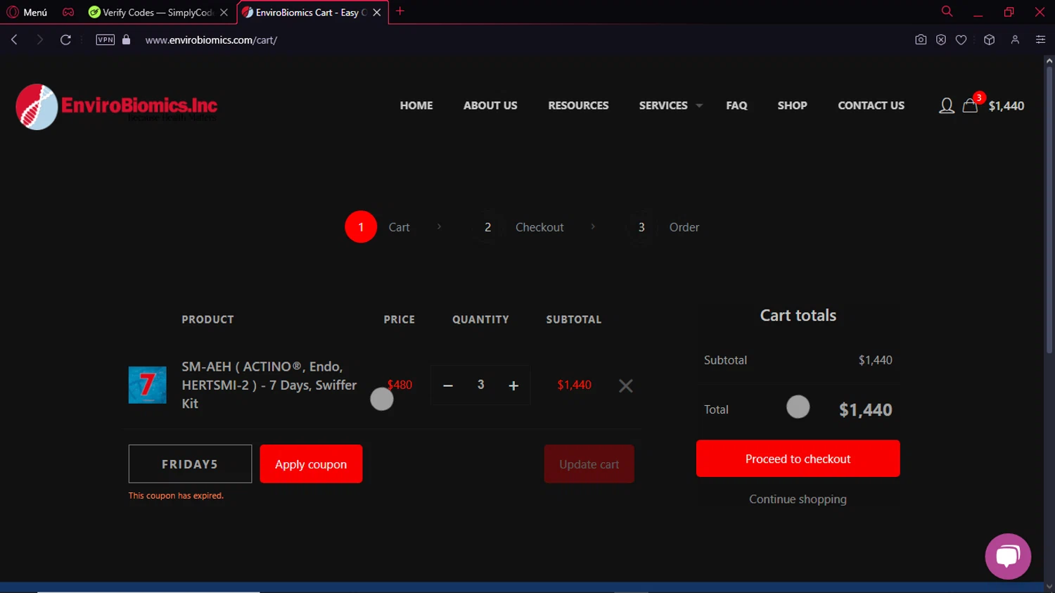 EnviroBiomics coupon code screenshot showing code FRIDAY5 applied at EnviroBiomics checkout page. Uploaded by SimplyCodes community member ExtraordinaryPioneer5969 on Jan 24, 2025