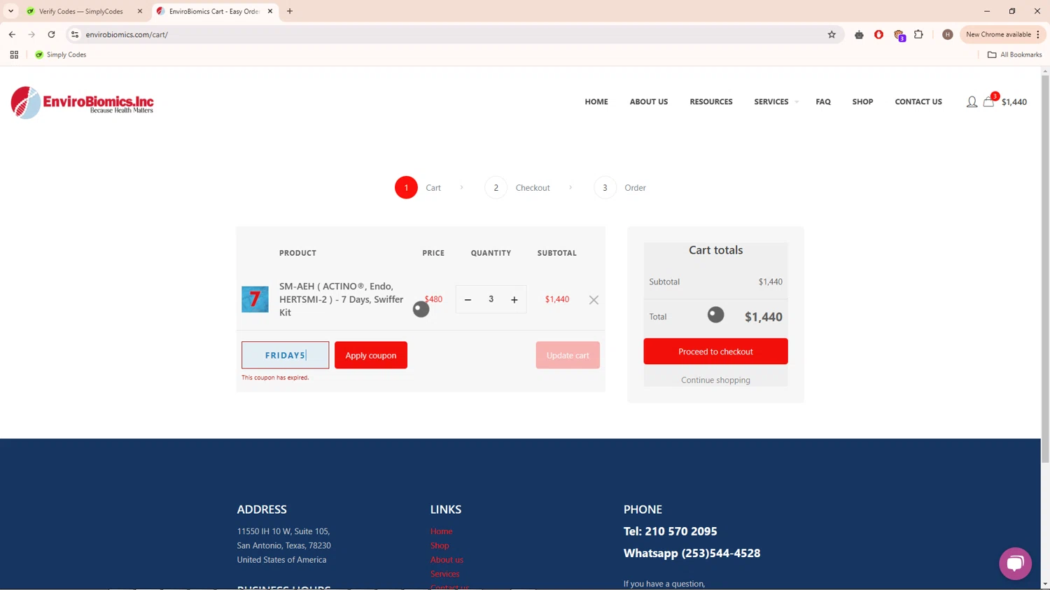 EnviroBiomics coupon code screenshot showing code FRIDAY5 applied at EnviroBiomics checkout page. Uploaded by SimplyCodes community member PrimeMaverick7854 on Dec 28, 2024