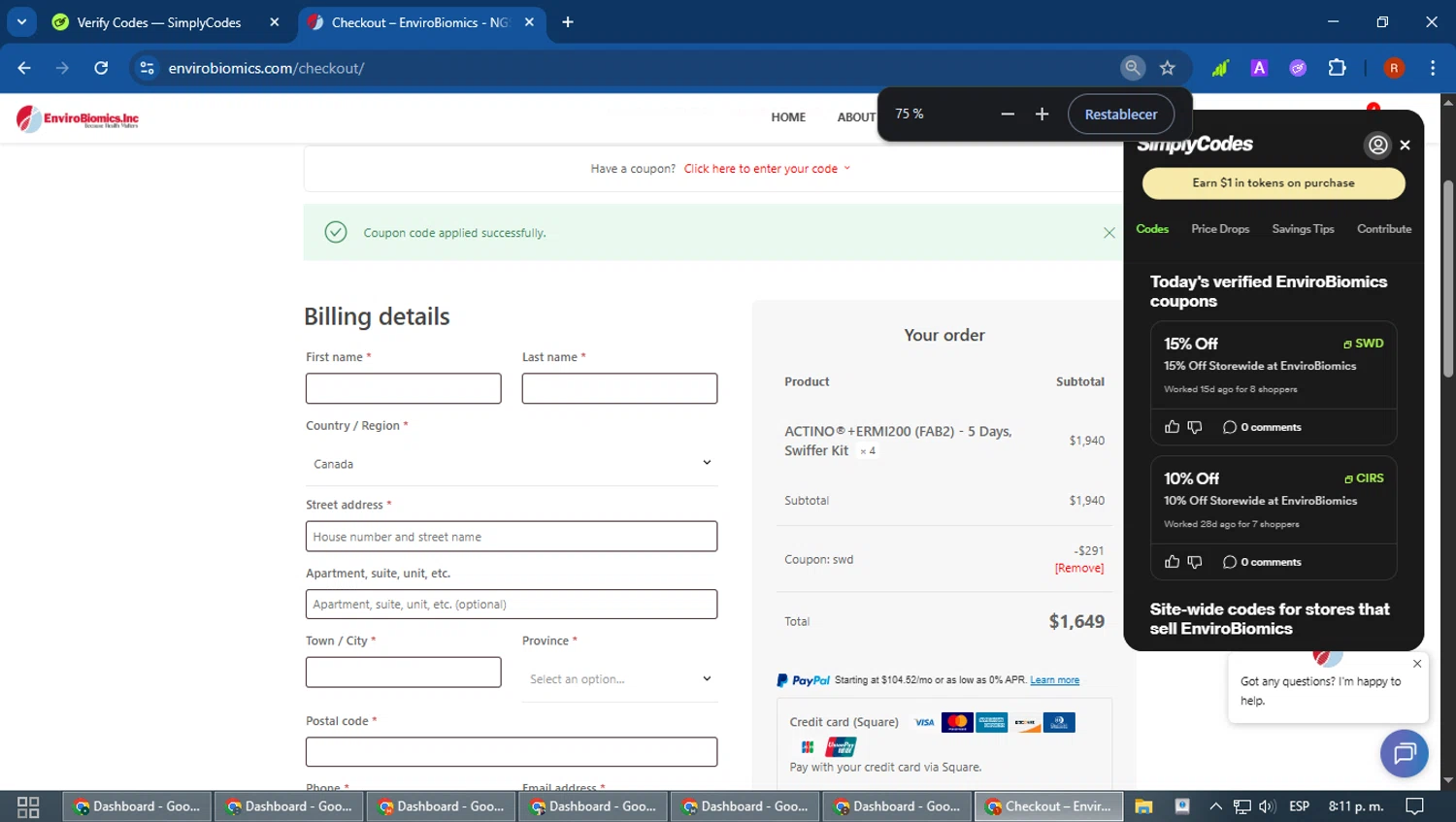 EnviroBiomics coupon code screenshot showing code SWD applied at EnviroBiomics checkout page. Uploaded by SimplyCodes community member robertotorrealba on Feb 6, 2026