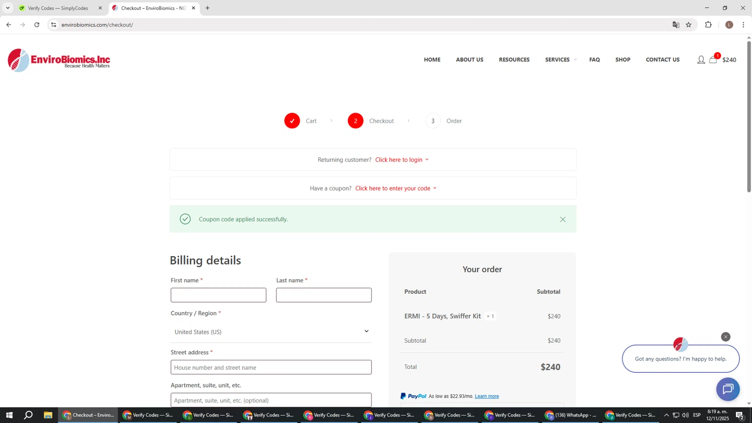 EnviroBiomics coupon code screenshot showing code CIRS applied at EnviroBiomics checkout page. Uploaded by SimplyCodes community member BENELLI on Nov 12, 2025