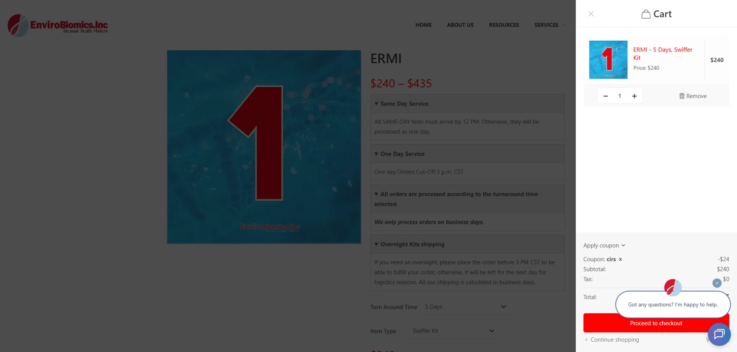 EnviroBiomics coupon code screenshot showing code CIRS applied at EnviroBiomics checkout page. Uploaded by SimplyCodes community member Dorothy on Oct 14, 2025