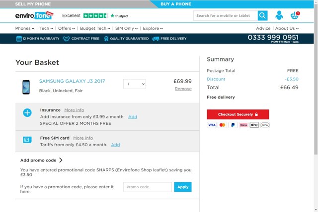Envirofone checkout page showing Envirofone promo code box | Screenshot taken by SimplyCodes community member on Dec 18, 2022