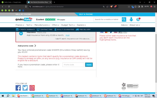 Envirofone checkout page showing Envirofone promo code box | Screenshot taken by SimplyCodes community member on Aug 18, 2024