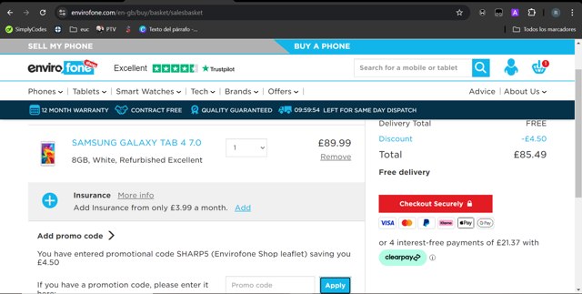 Envirofone checkout page showing Envirofone promo code box | Screenshot taken by SimplyCodes community member on Oct 16, 2024