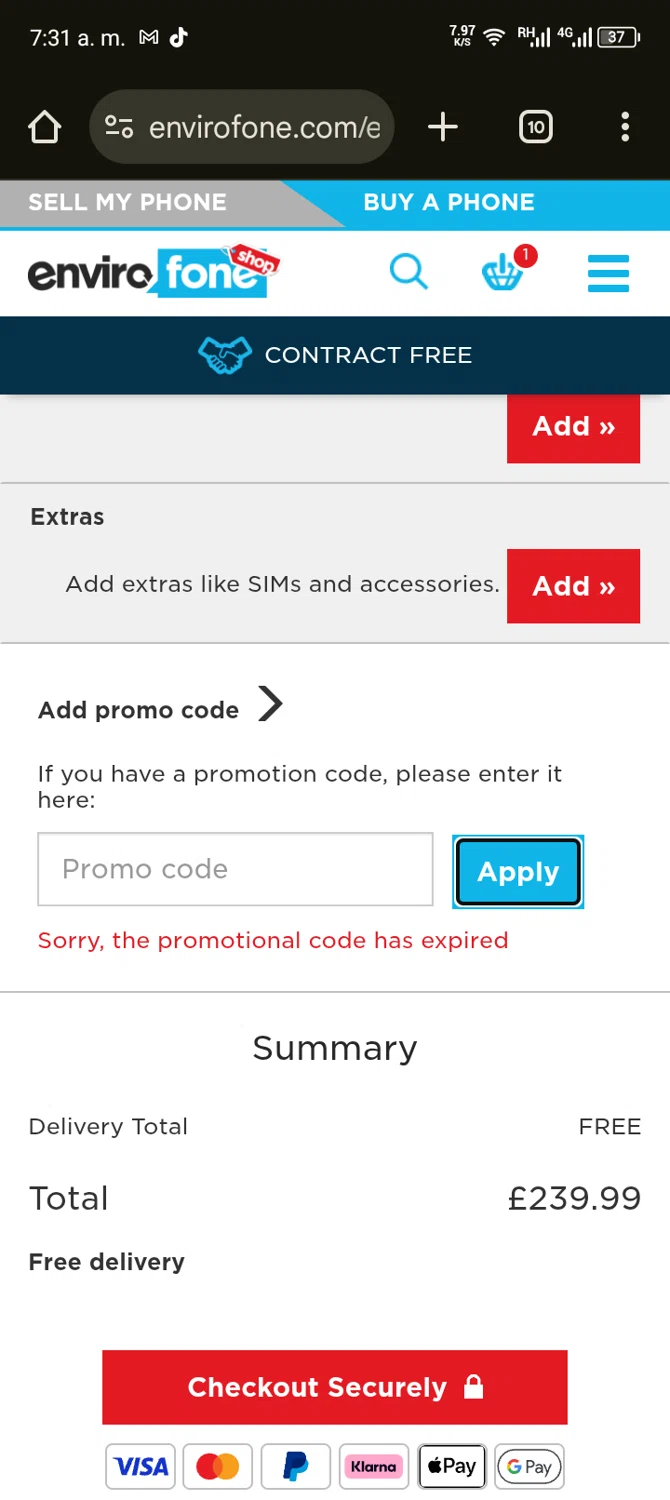Envirofone promo code screenshot showing code SHARP5 applied at Envirofone checkout page. Uploaded by SimplyCodes community member RebateShopper5497 on May 17, 2025