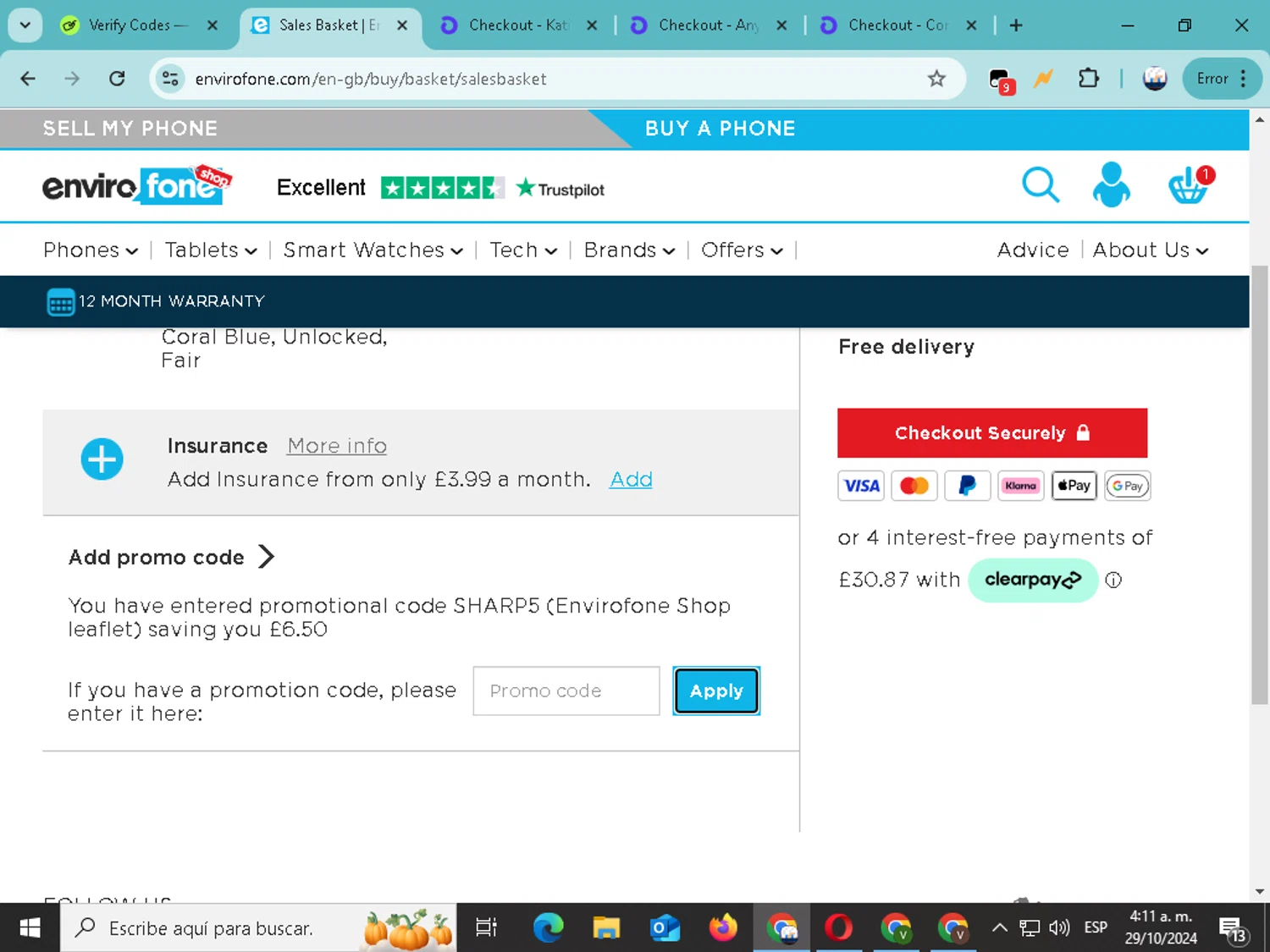 Envirofone checkout page showing Envirofone promo code box | Screenshot taken by SimplyCodes community member on Oct 29, 2024