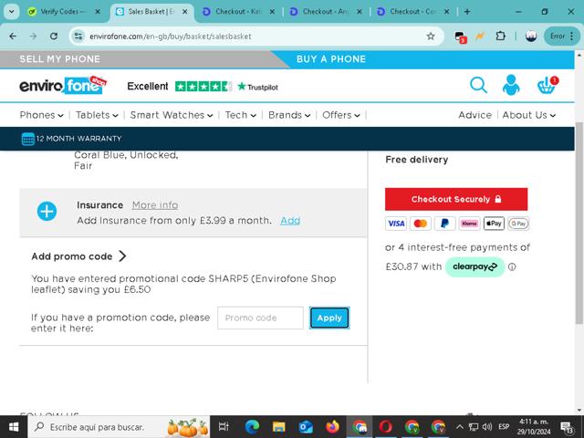 Envirofone checkout page showing Envirofone promo code box | Screenshot taken by SimplyCodes community member on Oct 29, 2024