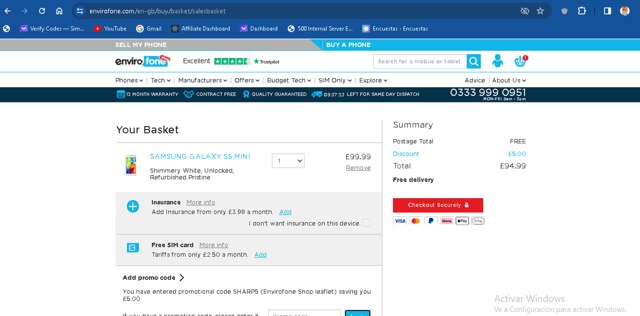 Envirofone checkout page showing Envirofone promo code box | Screenshot taken by SimplyCodes community member on Feb 26, 2024