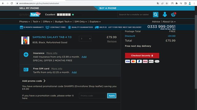 Envirofone checkout page showing Envirofone promo code box | Screenshot taken by SimplyCodes community member on Oct 21, 2022