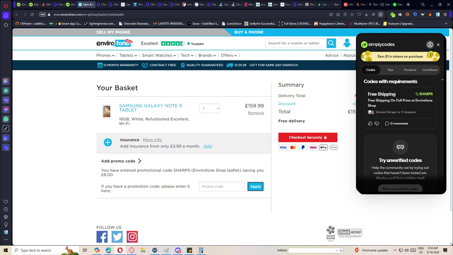 Envirofone checkout page showing Envirofone promo code box | Screenshot taken by SimplyCodes community member on Sep 16, 2024