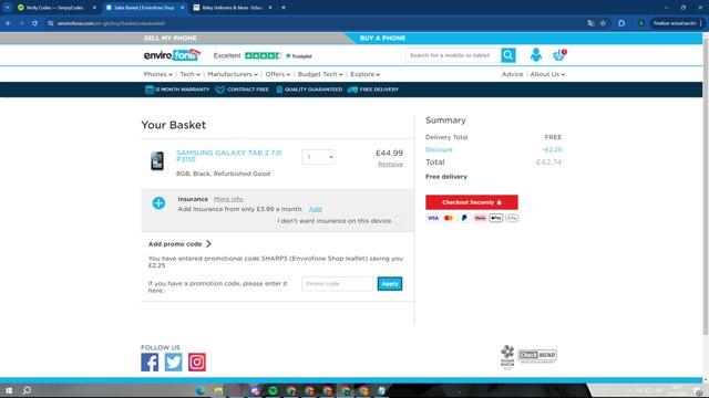 Envirofone checkout page showing Envirofone promo code box | Screenshot taken by SimplyCodes community member on Jul 20, 2024