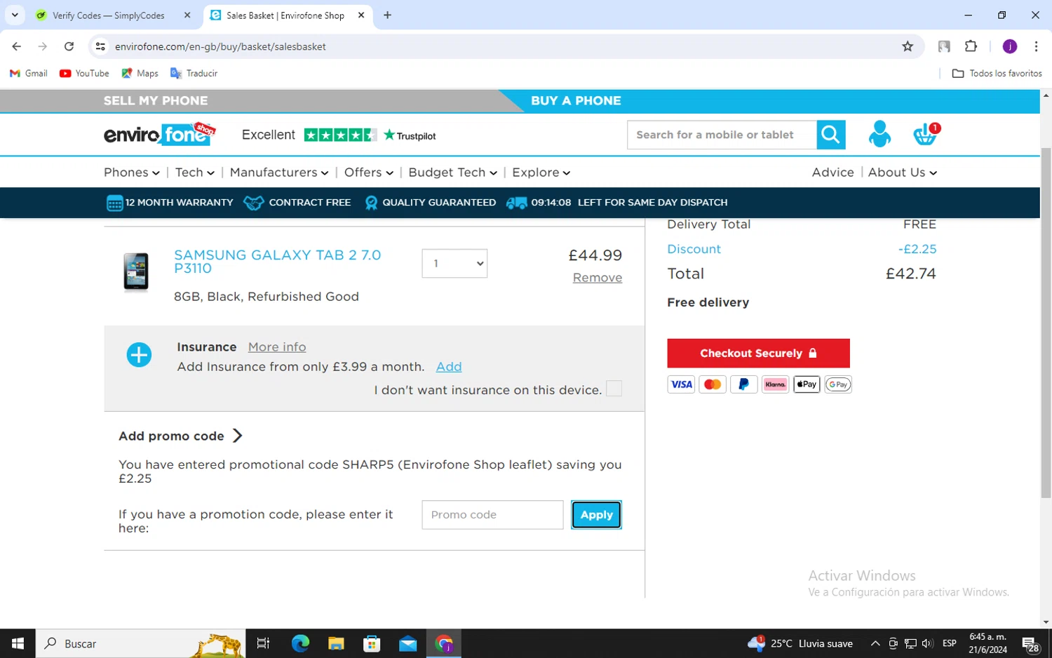 Envirofone checkout page showing Envirofone promo code box | Screenshot taken by SimplyCodes community member on Jun 21, 2024
