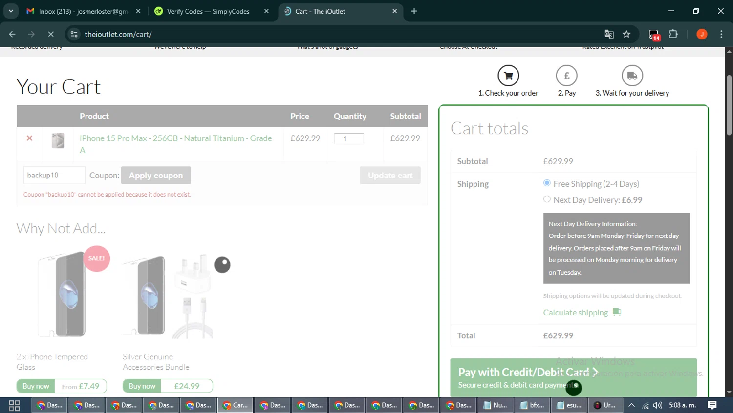 Envirofone promo code screenshot showing code backup10 applied at Envirofone checkout page. Uploaded by SimplyCodes community member NobleAce2304 on Oct 20, 2025
