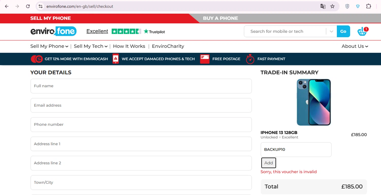 Envirofone promo code screenshot showing code backup10 applied at Envirofone checkout page. Uploaded by SimplyCodes community member carol_lameda on Oct 20, 2025