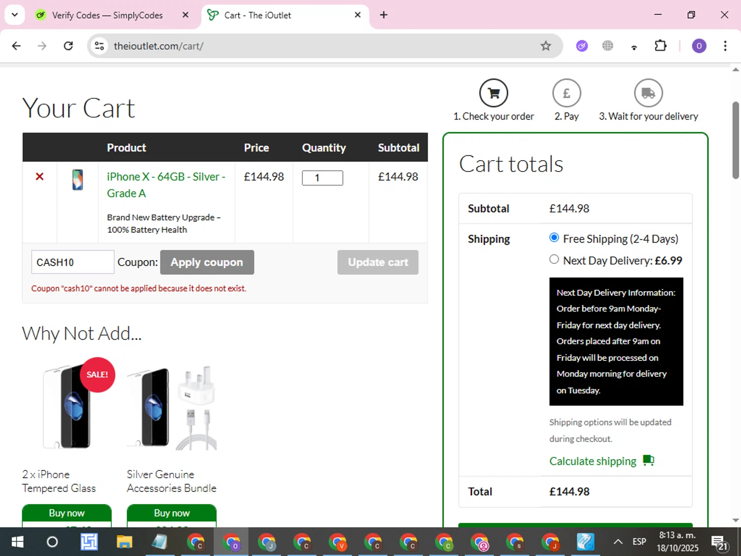 Envirofone promo code screenshot showing code CASH10 applied at Envirofone checkout page. Uploaded by SimplyCodes community member CleverLynx8245 on Oct 18, 2025