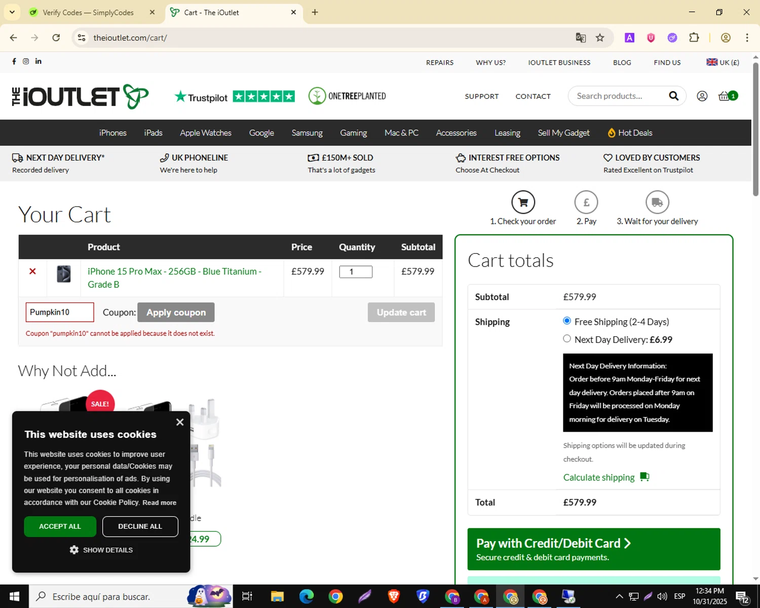 Envirofone promo code screenshot showing code Pumpkin10 applied at Envirofone checkout page. Uploaded by SimplyCodes community member VictoriousSpotter751 on Oct 31, 2025