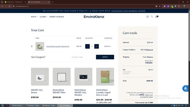 EnviroKlenz checkout page showing EnviroKlenz coupon code box | Screenshot taken by SimplyCodes community member on Jul 17, 2025
