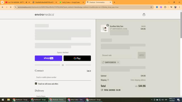 Enviromedica checkout page showing Enviromedica promo code box | Screenshot taken by SimplyCodes community member on Aug 7, 2025