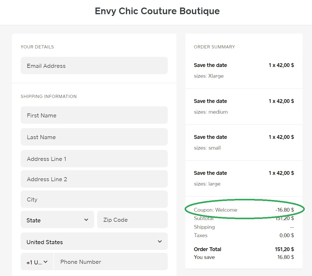 Envy Chic Couture Boutique checkout page showing Envy Chic Couture Boutique promo code box | Screenshot taken by SimplyCodes community member on Sep 30, 2021