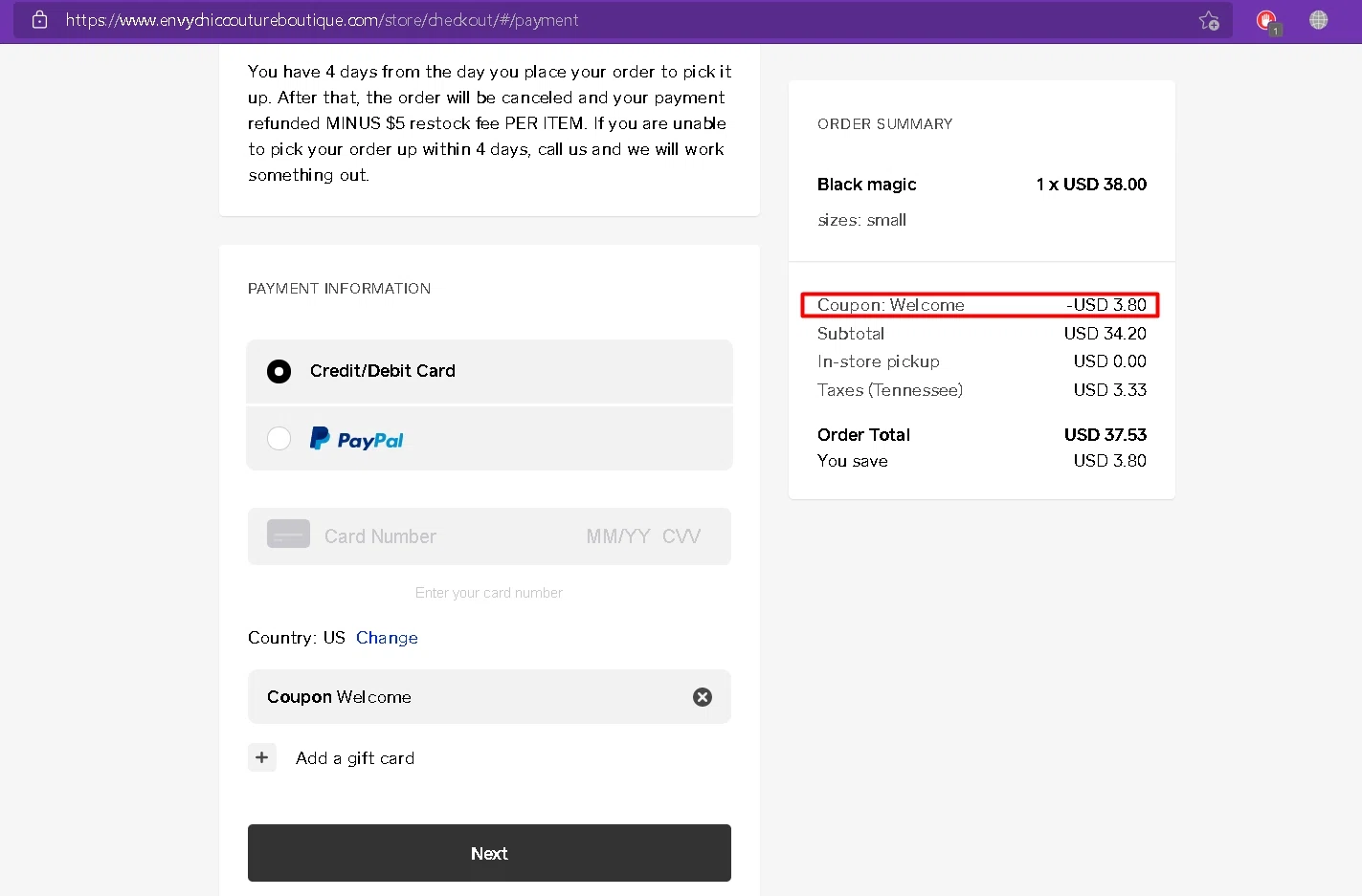 Envy Chic Couture Boutique checkout page showing Envy Chic Couture Boutique promo code box | Screenshot taken by SimplyCodes community member on Sep 1, 2021