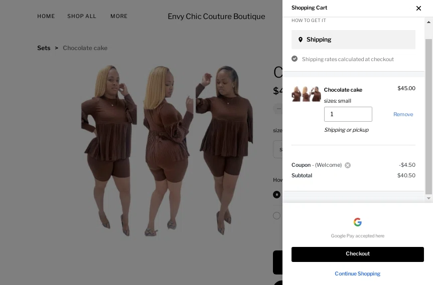 Envy Chic Couture Boutique checkout page showing Envy Chic Couture Boutique promo code box | Screenshot taken by SimplyCodes community member on Dec 6, 2021