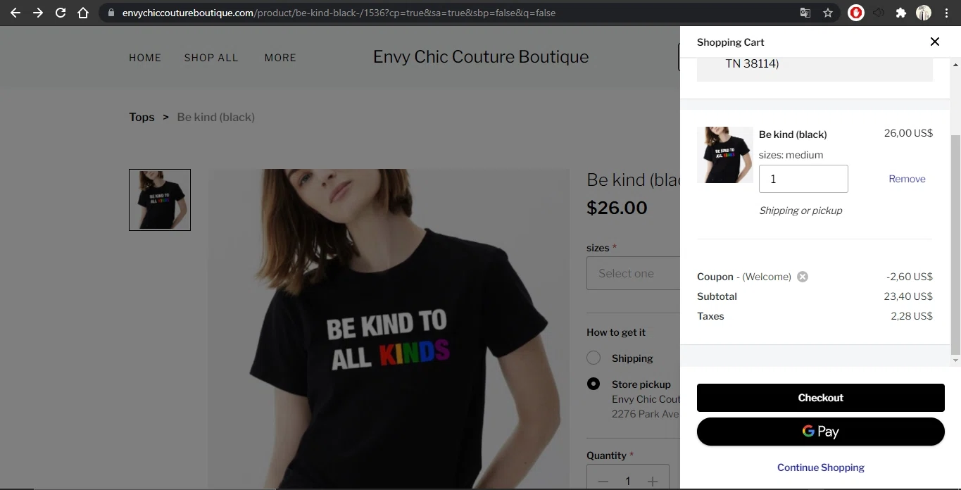Envy Chic Couture Boutique checkout page showing Envy Chic Couture Boutique promo code box | Screenshot taken by SimplyCodes community member on Aug 1, 2021