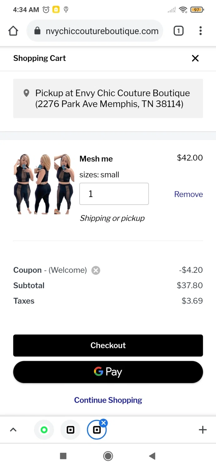 Envy Chic Couture Boutique checkout page showing Envy Chic Couture Boutique promo code box | Screenshot taken by SimplyCodes community member on Aug 1, 2021