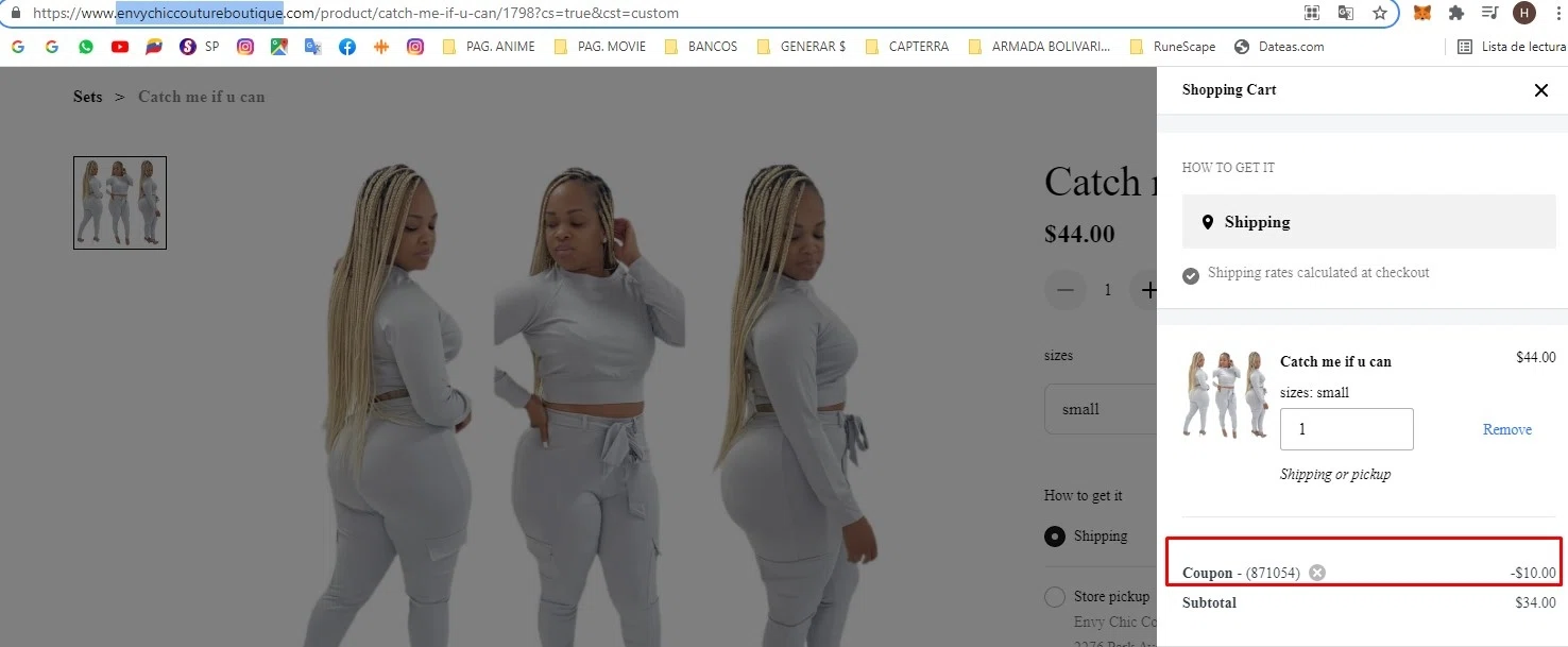 Envy Chic Couture Boutique checkout page showing Envy Chic Couture Boutique promo code box | Screenshot taken by SimplyCodes community member on Oct 4, 2021