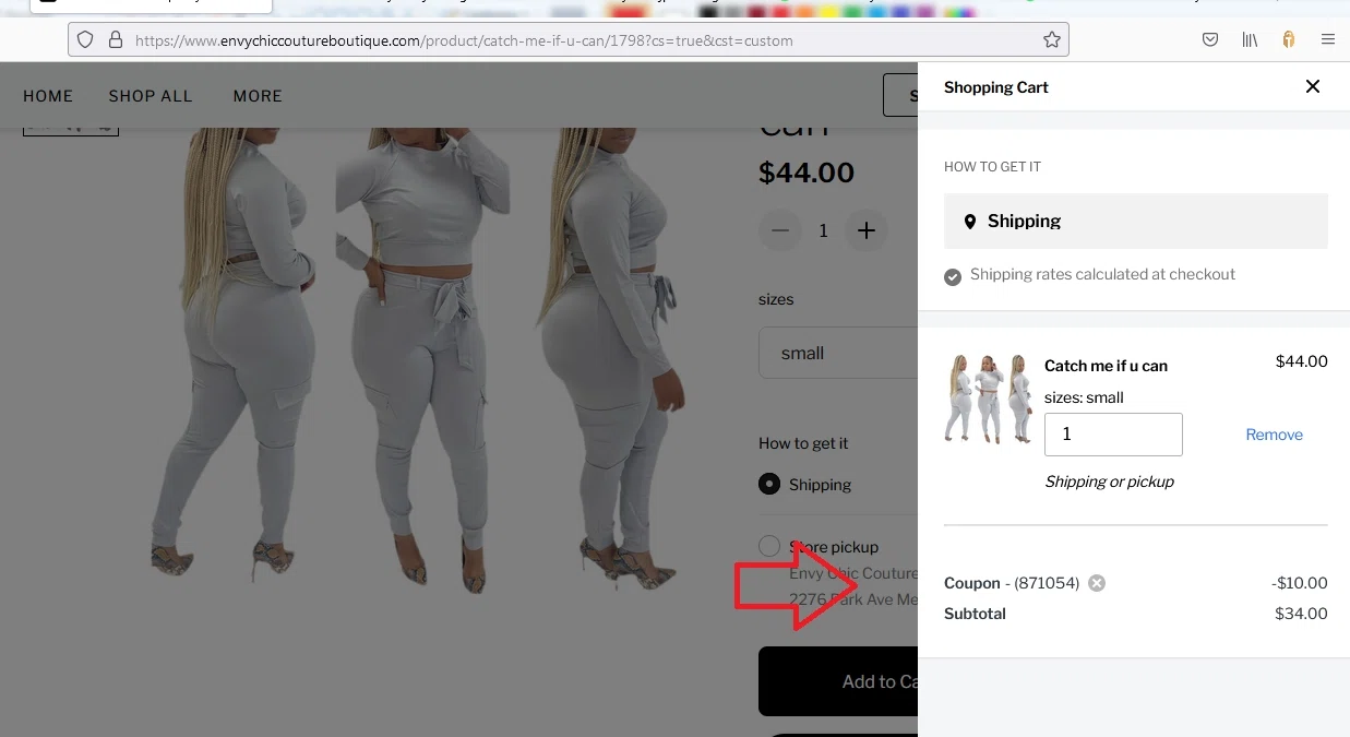 Envy Chic Couture Boutique checkout page showing Envy Chic Couture Boutique promo code box | Screenshot taken by SimplyCodes community member on Oct 4, 2021