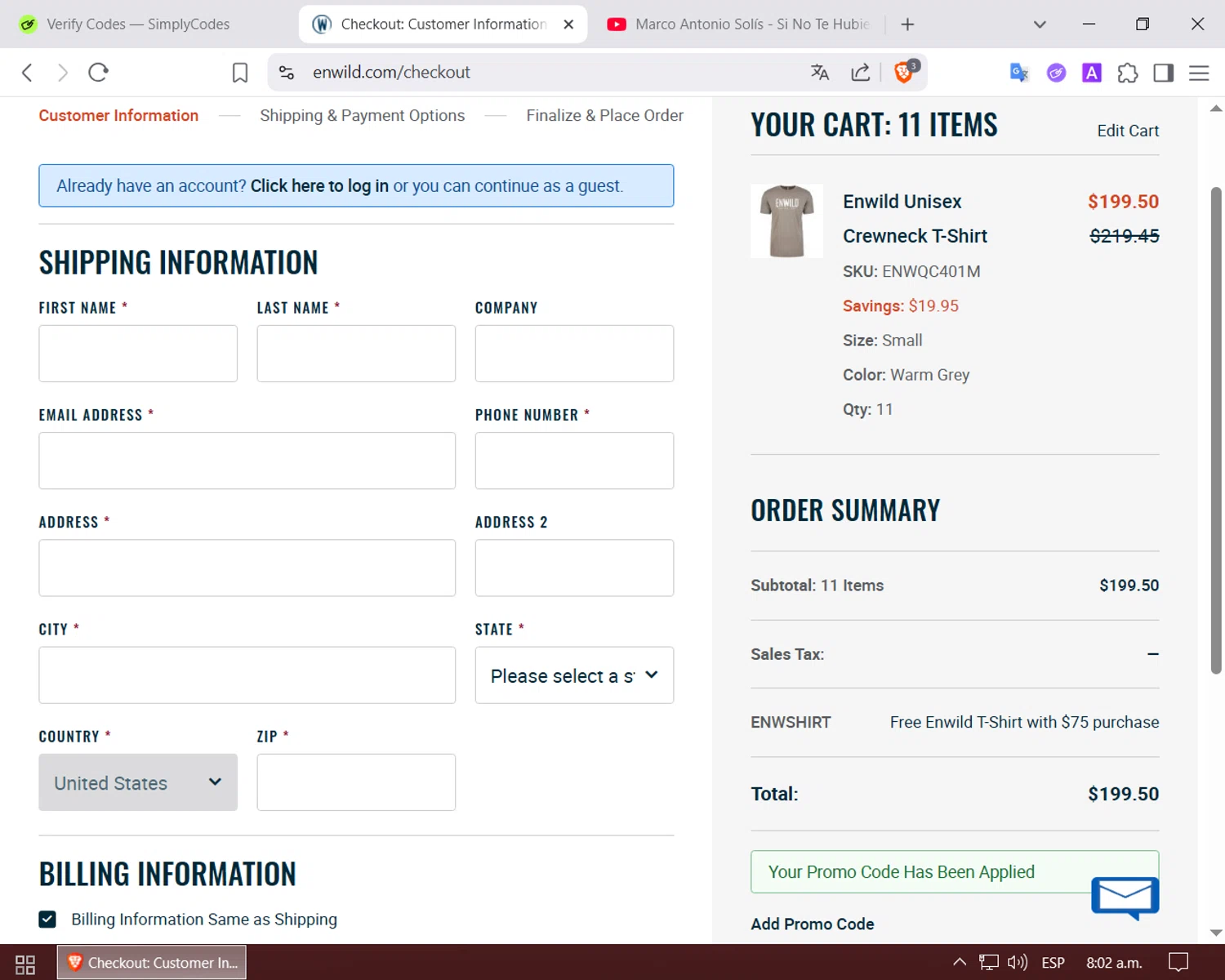 Enwild promo code screenshot showing code ENWSHIRT applied at Enwild checkout page. Uploaded by SimplyCodes community member LuckyPilot205 on Jun 3, 2025