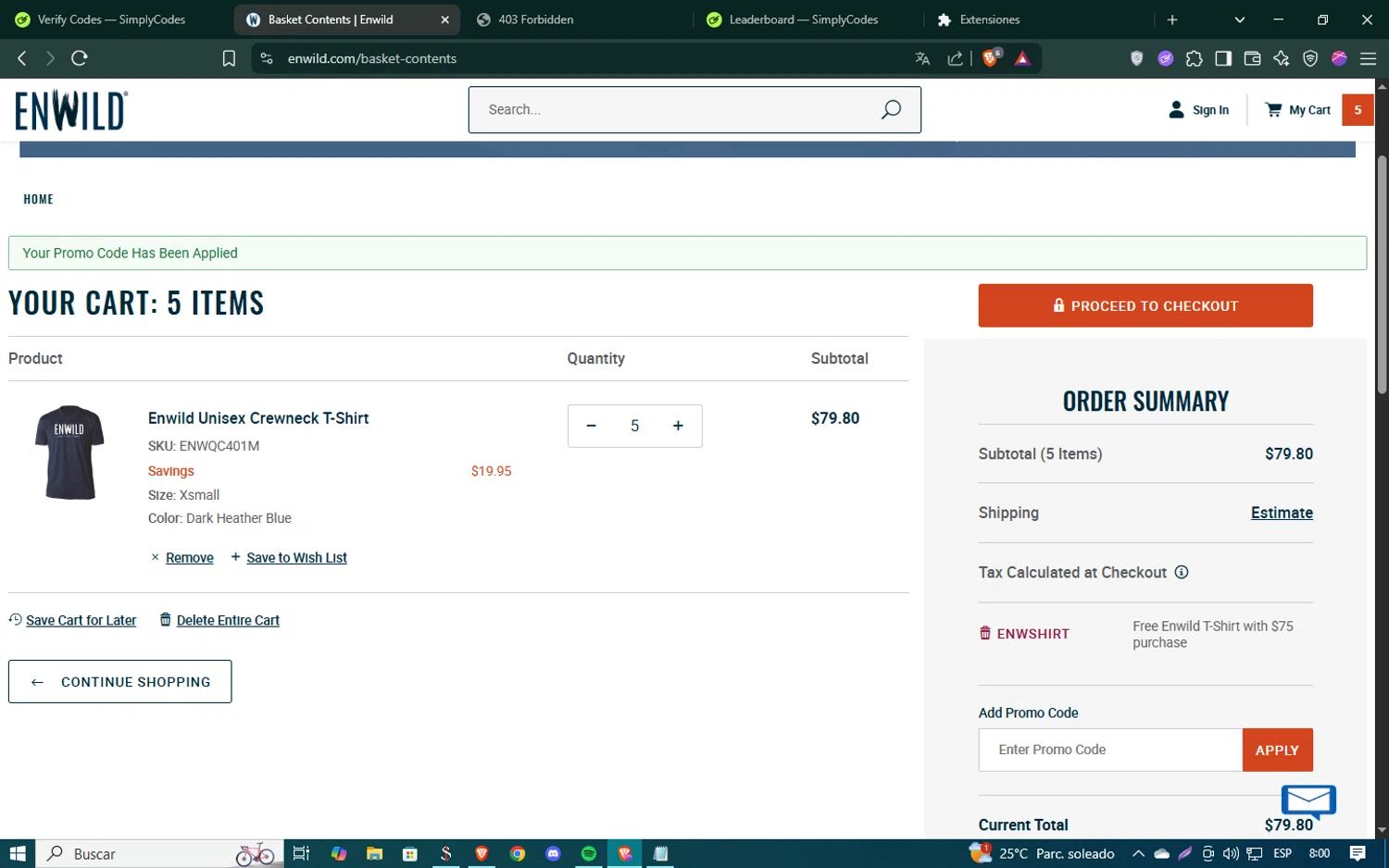 Enwild promo code screenshot showing code ENWSHIRT applied at Enwild checkout page. Uploaded by SimplyCodes community member SmartSaver5448 on Jun 3, 2025