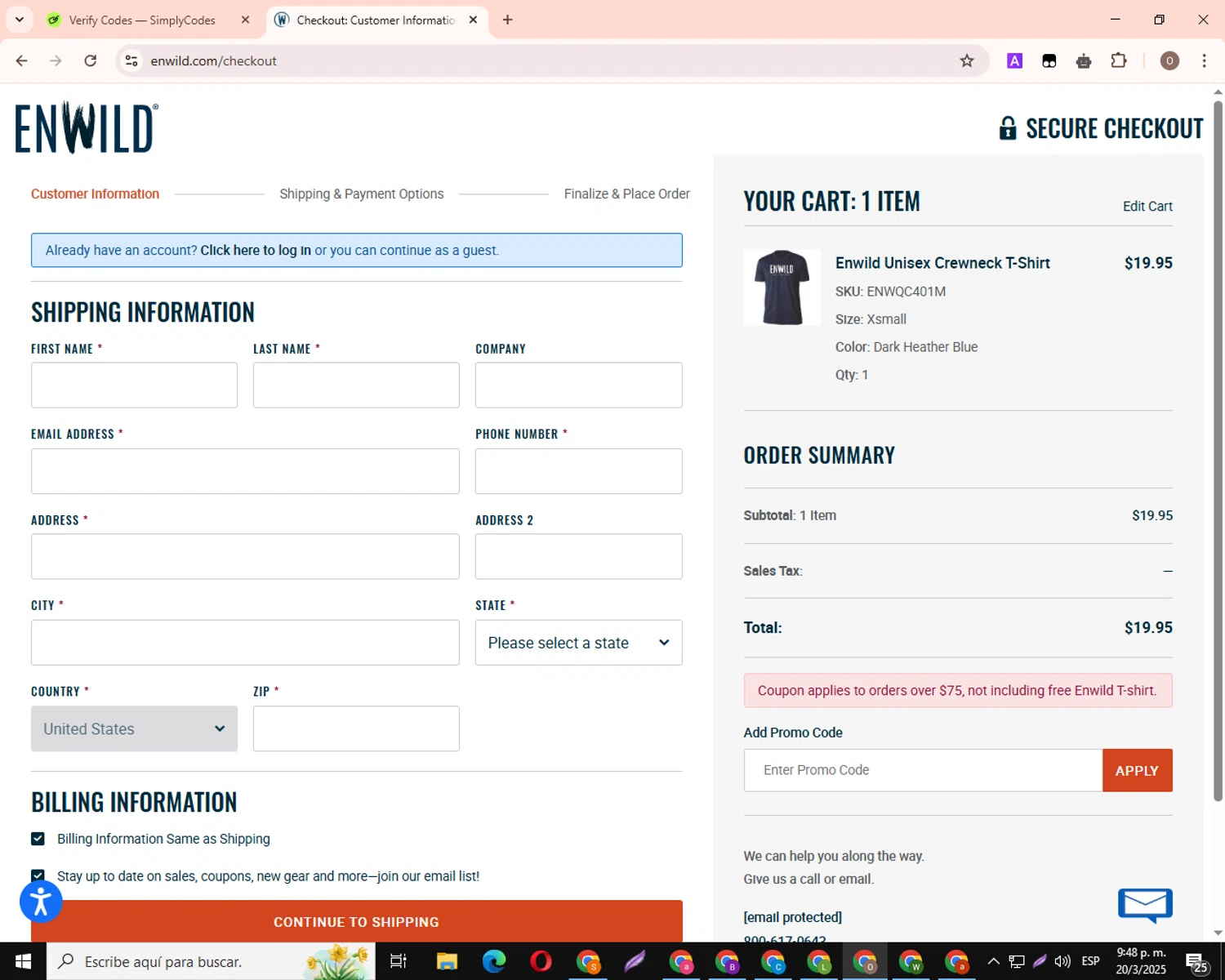 Enwild promo code screenshot showing code ENWSHIRT applied at Enwild checkout page. Uploaded by SimplyCodes community member PromoHero8877 on Mar 21, 2025