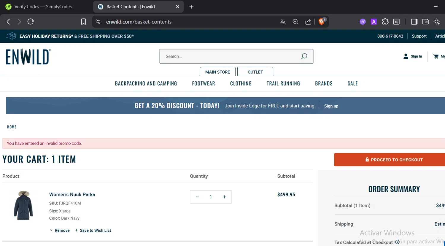 Enwild promo code screenshot showing code fjallraven20 applied at Enwild checkout page. Uploaded by SimplyCodes community member CoinOwl5103 on Dec 23, 2025