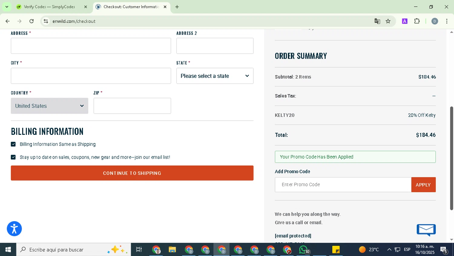 Enwild promo code screenshot showing code KELTY20 applied at Enwild checkout page. Uploaded by SimplyCodes community member DealExpert4491 on Oct 16, 2025