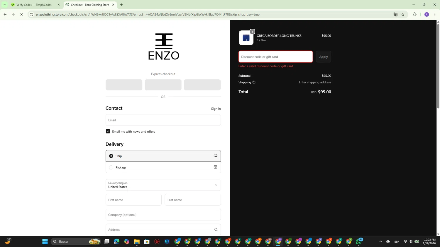 Enzo Clothing promo code screenshot showing code FTX10BH53BQ3 applied at Enzo Clothing checkout page. Uploaded by SimplyCodes community member CouponBoss4754 on Feb 19, 2026