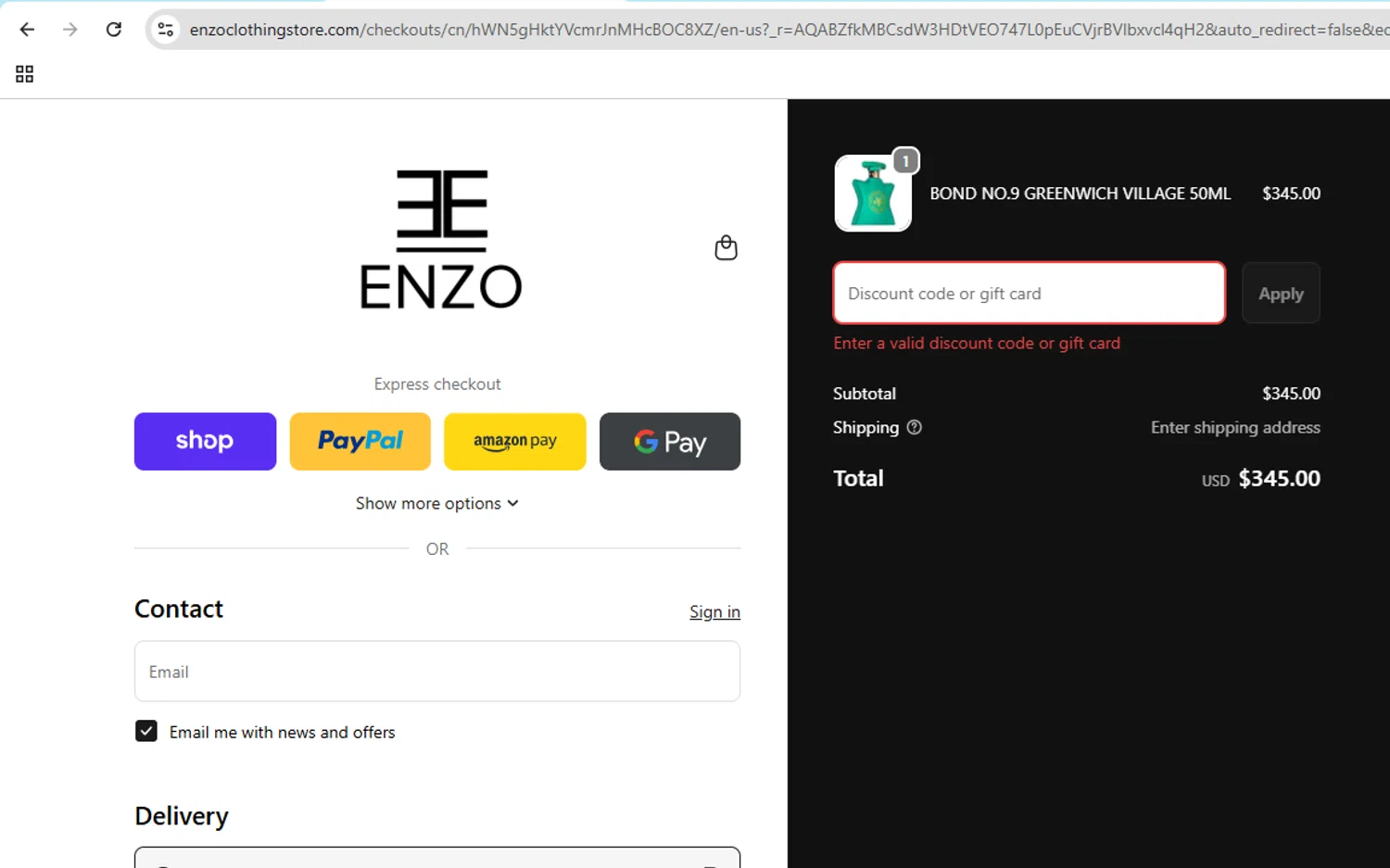 Enzo Clothing promo code screenshot showing code FTX10BH53BQ3 applied at Enzo Clothing checkout page. Uploaded by SimplyCodes community member YHLQMDLGN on Nov 25, 2025