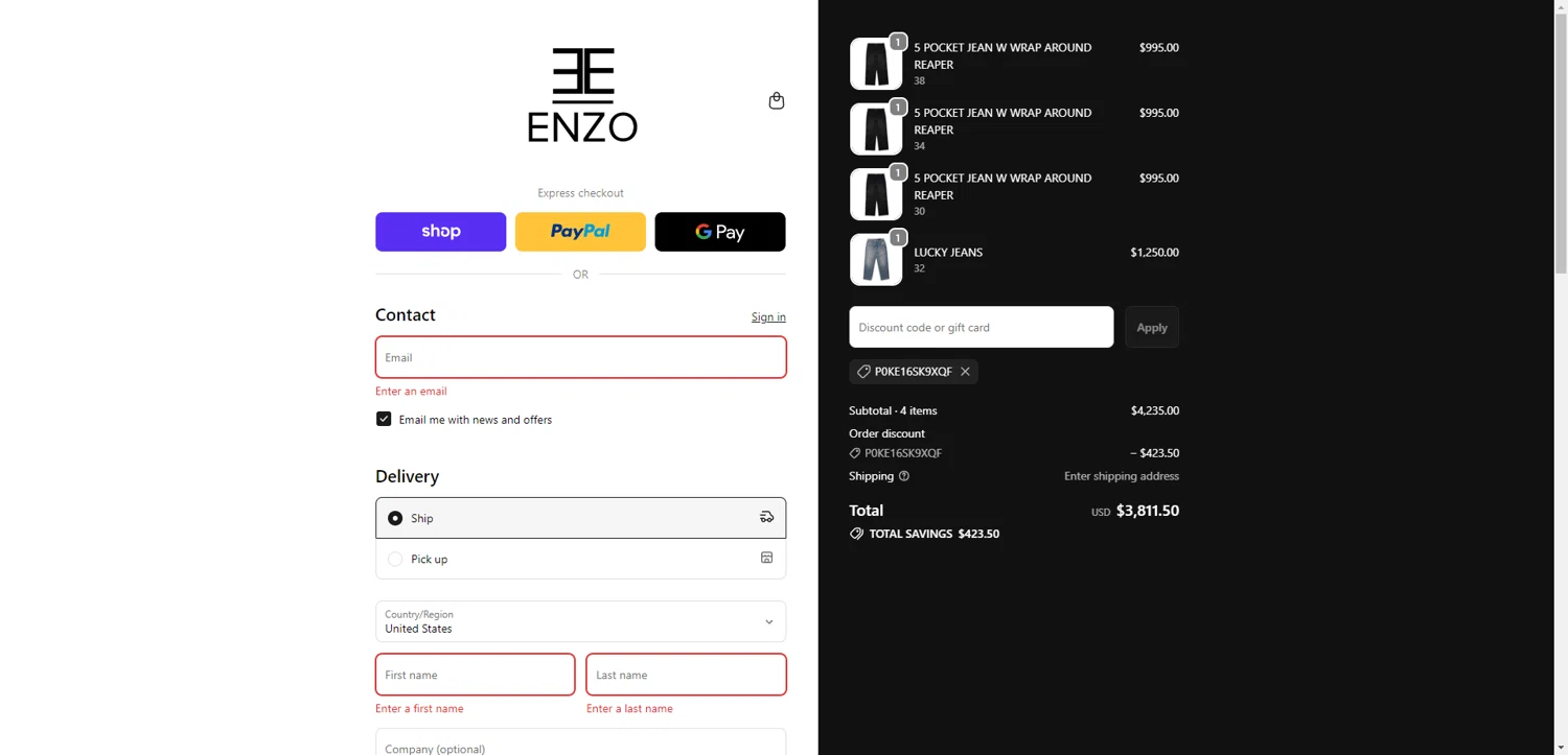 Enzo Clothing checkout page showing Enzo Clothing promo code box | Screenshot taken by SimplyCodes community member on Nov 19, 2025
