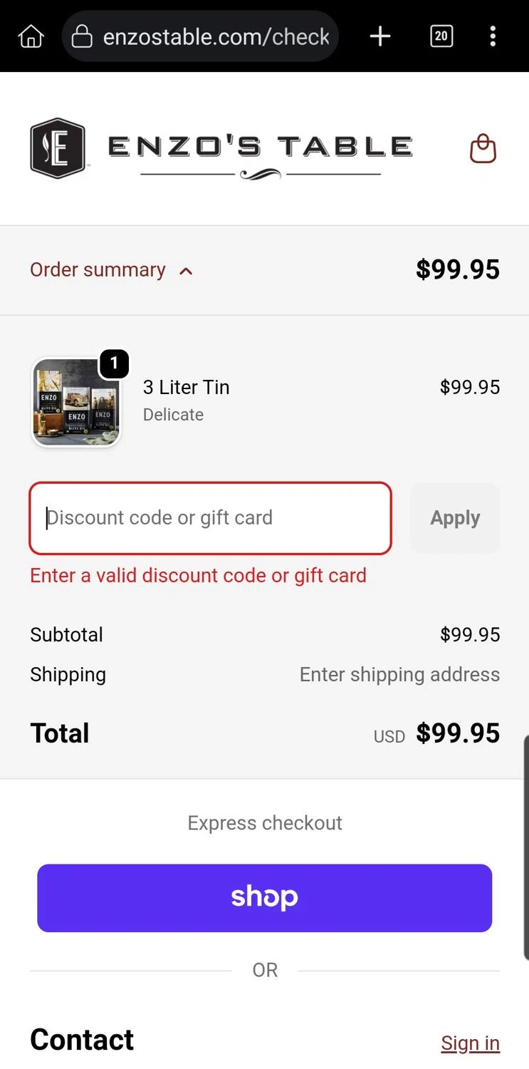 Enzo's Table promo code screenshot showing code SAVE20 applied at Enzo's Table checkout page. Uploaded by SimplyCodes community member Carloslvz on Oct 26, 2025
