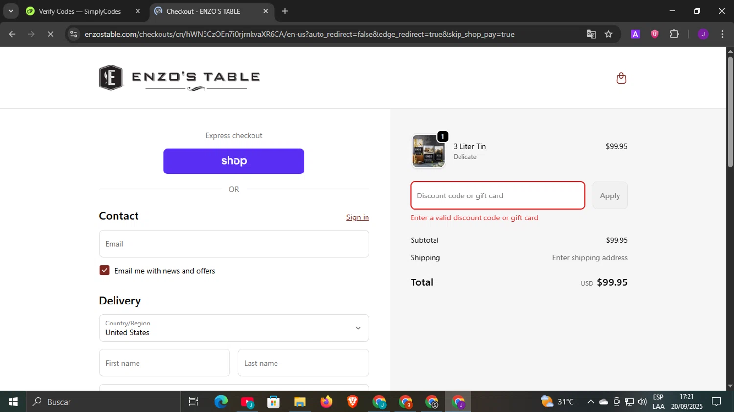 Enzo's Table promo code screenshot showing code SAVE20 applied at Enzo's Table checkout page. Uploaded by SimplyCodes community member DiscountLegend6670 on Sep 20, 2025