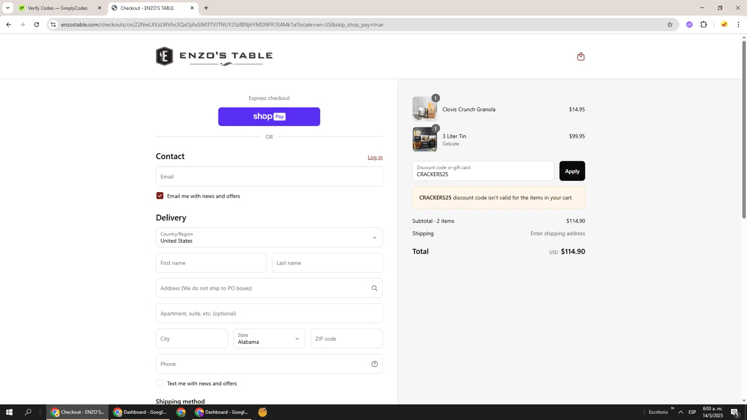 Enzo's Table checkout page showing Enzo's Table promo code box | Screenshot taken by SimplyCodes community member on May 14, 2025