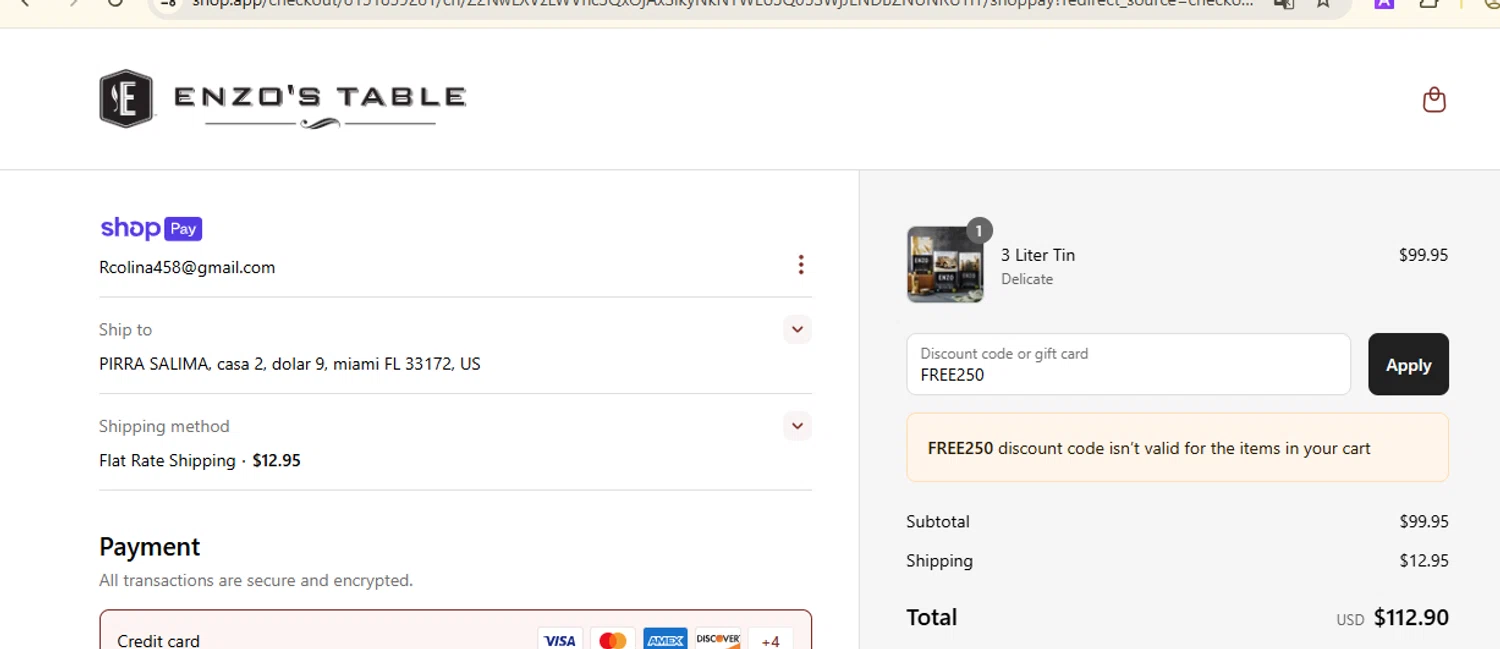 Enzo's Table checkout page showing Enzo's Table promo code box | Screenshot taken by SimplyCodes community member on Jun 18, 2025