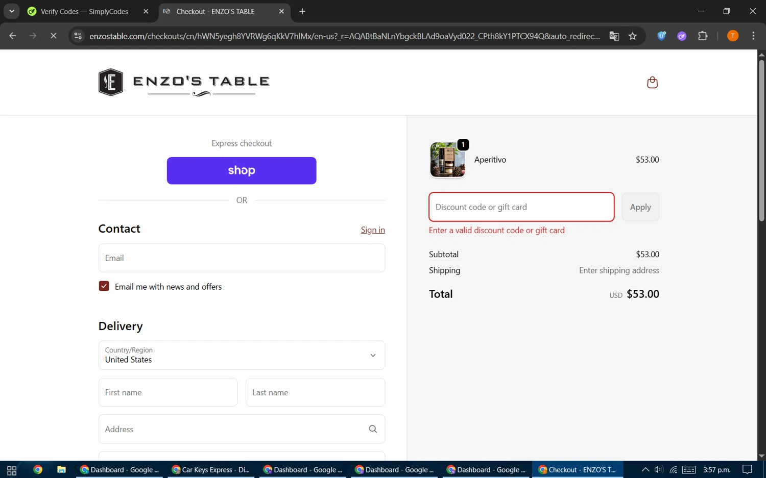 Enzo's Table promo code screenshot showing code BLACKFRIDAY25 applied at Enzo's Table checkout page. Uploaded by SimplyCodes community member EpicHero3141 on Dec 2, 2025