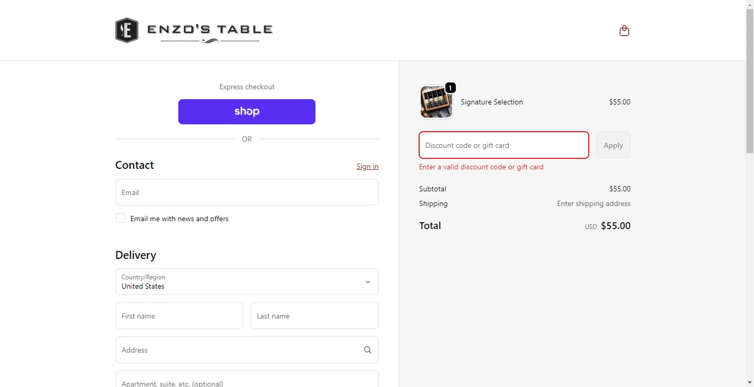Enzo's Table promo code screenshot showing code BLACKFRIDAY25 applied at Enzo's Table checkout page. Uploaded by SimplyCodes community member LlonardoLotes on Dec 3, 2025