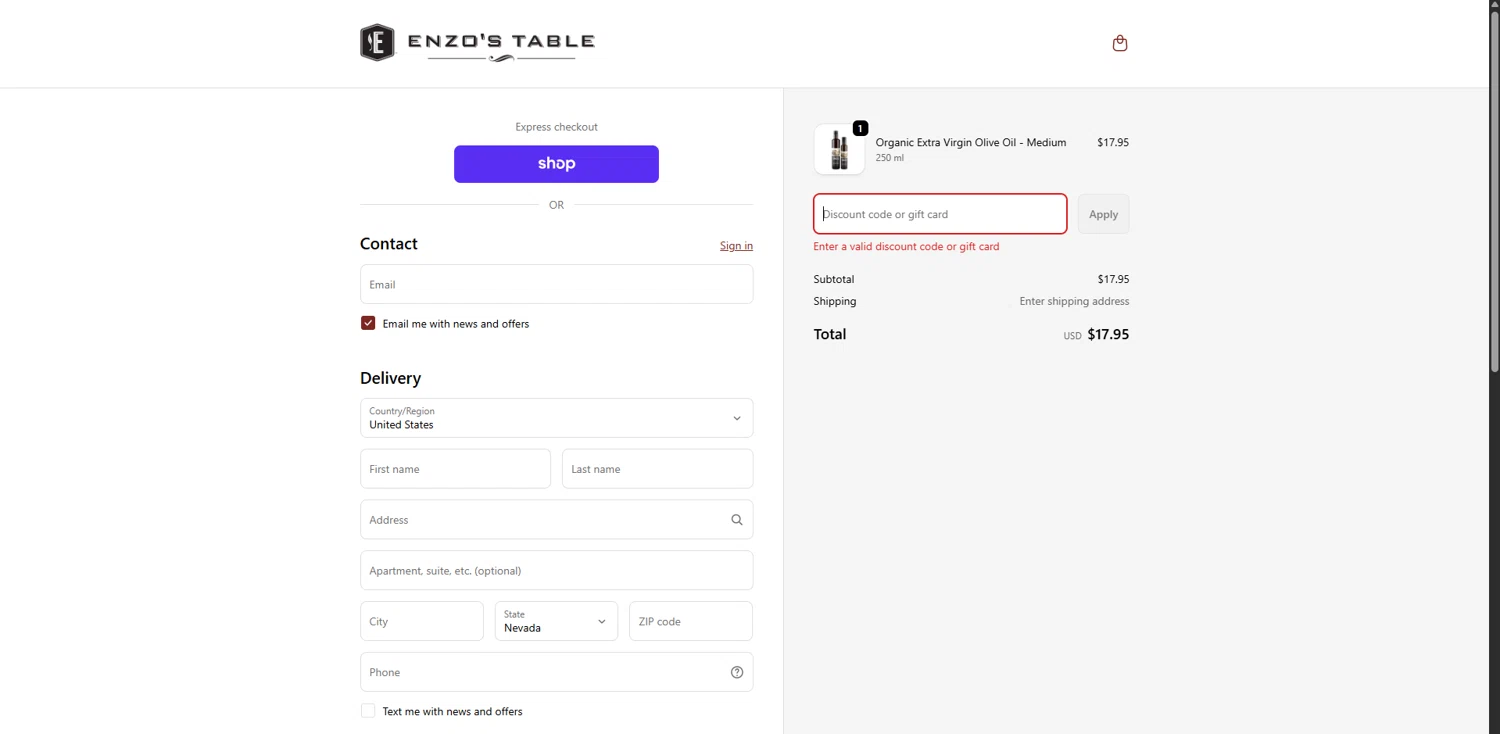 Enzo's Table promo code screenshot showing code BLACKFRIDAY25 applied at Enzo's Table checkout page. Uploaded by SimplyCodes community member WonderVirtuoso3484 on Dec 2, 2025