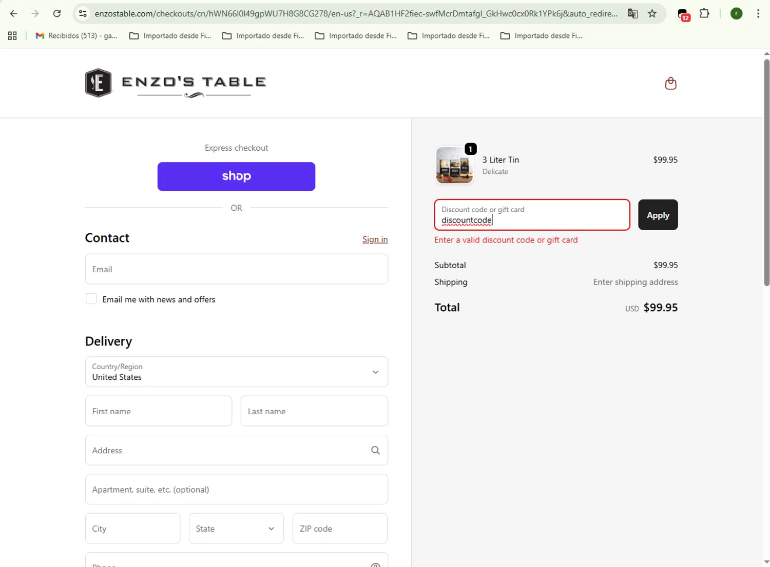 Enzo's Table promo code screenshot showing code discountcode applied at Enzo's Table checkout page. Uploaded by SimplyCodes community member VoucherKnight6415 on Dec 6, 2025