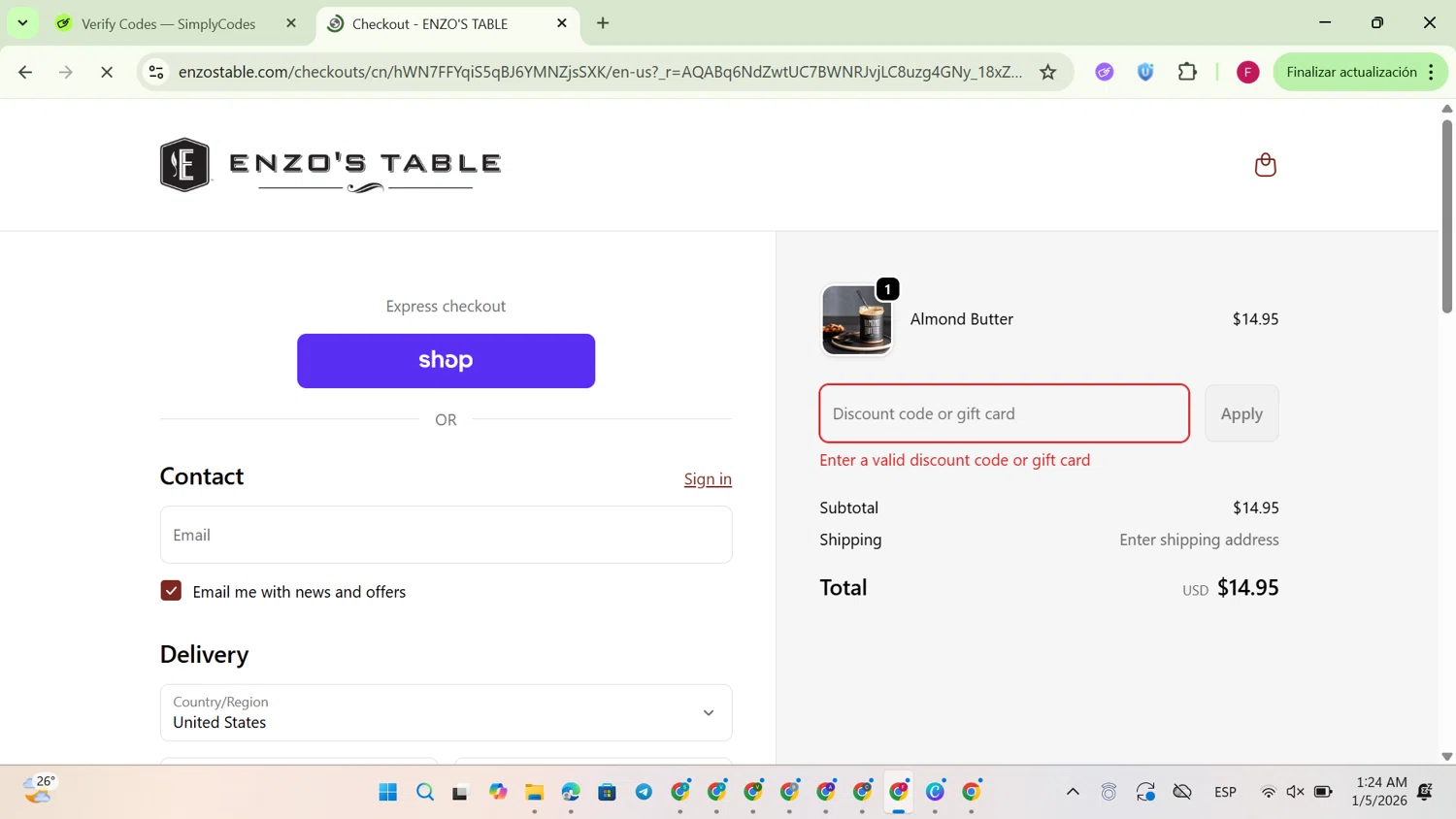 Enzo's Table promo code screenshot showing code ONCOOKING10 applied at Enzo's Table checkout page. Uploaded by SimplyCodes community member PennyMonarch581 on Jan 5, 2026